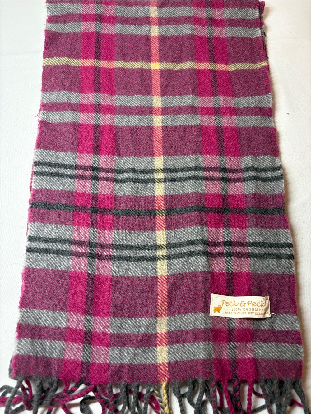 Peck & Peck Fuchsia and Gray Plaid Cashmere Scarf 10”x 64”